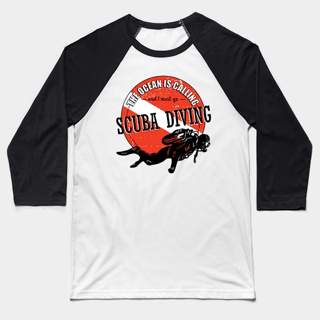 The Ocean is Calling Scuba Diver Scuba Flag Baseball T-Shirt by Anassein.os